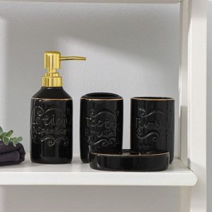 Набор аксессуаров для ванной комнаты Доляна SOUL, 4 предмета (мыльница, дозатор для мыла 350 мл, 2 стакана), цвет чёрный