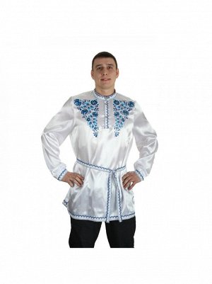 Рубаха русская мужская Гжель цветы атлас белый р-р 52-54