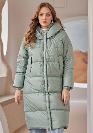 Длинный женский  зимний пуховик-пальто с капюшоном, цвет мята