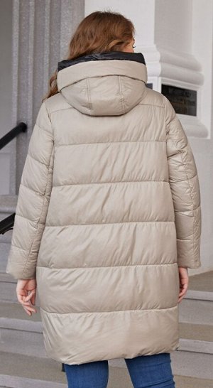 Женская зимняя длинная куртка с капюшоном и накладными карманами на молниях, цвет хаки