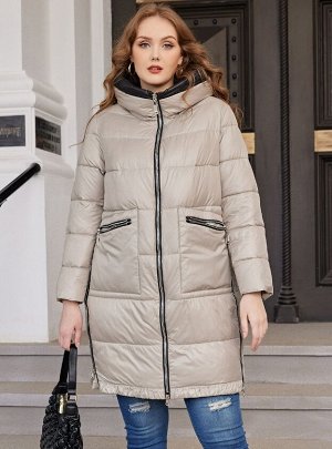 Женская зимняя длинная куртка с капюшоном и накладными карманами на молниях, цвет хаки