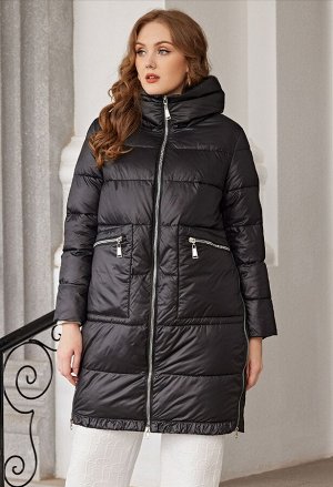 Женская зимняя длинная куртка с капюшоном и накладными карманами на молниях, цвет ЧЕРНЫЙ