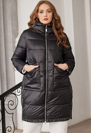 Женская зимняя длинная куртка с капюшоном и накладными карманами на молниях, цвет ЧЕРНЫЙ