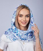 Платок женский арт.15013. Состав 50%хлопок, 50%вискоза. Размер 140*140см. тонкий, гжель.