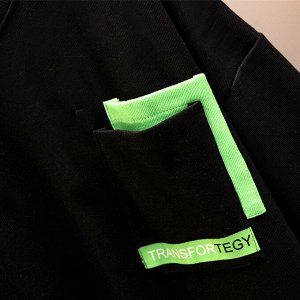 Свитшот женский, с карманом на груди и цветными вставками, цвет черный/ярко-зеленый