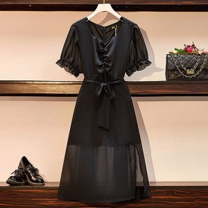 Платье с рукавами-фонариками и сетчатой юбкой, цвет черный