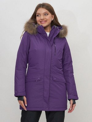 Парка женская с капюшоном и мехом зимняя темно-фиолетового цвета 551963TF