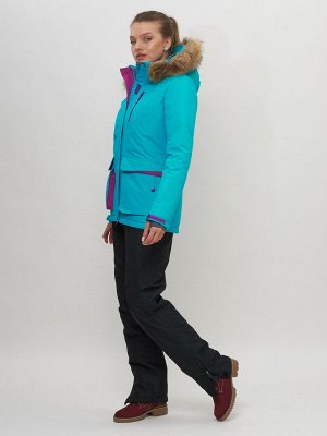 Куртка спортивная женская зимняя с мехом бирюзового цвета 551777Br