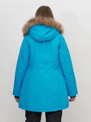Парка женская с капюшоном и мехом зимняя синего цвета 551963S