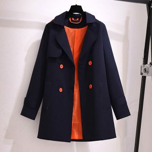 Пальто женское, с оранжевым подкладом и пуговицами, цвет темно-синий