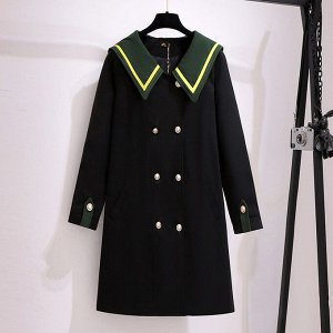 Пальто женское, с контрастным воротником, и капюшоном цвет черный/зеленый