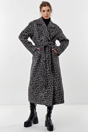 Пальто длинное из шерсти леопард на сером
