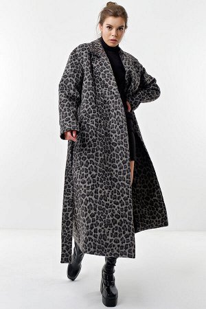 Пальто длинное из шерсти леопард на сером