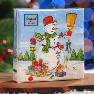 Салфетки Салфетки бумажные   "Снеговик с подарками", 3 слоя, 24x24, 25 листов