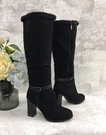 Сапоги зимние женские из экозамши на каблуке