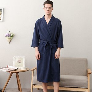 Мужской вафельный халат с поясом и с карманами, цвет темно-синий