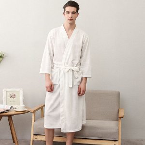 Мужской вафельный халат с поясом и с карманами, цвет белый