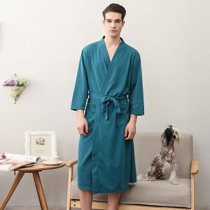 Мужской вафельный халат с поясом и с карманами, цвет зеленый