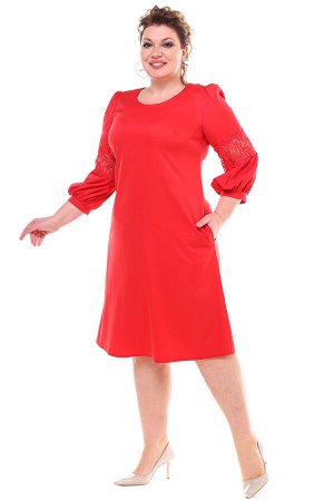 Платье Длина платья: Ниже колена; Материал: Креп; Фасон: Платье; Длина рукава: 3/4 рукав; 
Платье с кружевной вставкой на рукавах красное
Платье прямого кроя выполнено из мягкого материала. Модель име