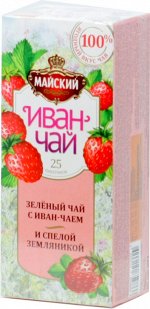 Майский. Иван-чай зеленый чай с иван-чаем и спелой земляникой 38 гр. карт.пачка, 25 пак.