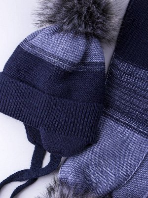 Шапка вязаная детская с помпоном на завязках, меланж + шарф с помпонами, темно-синий