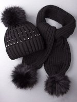 Шапка вязаная детская с помпоном, жемчуг россыпью + шарф с помпоном, черный
