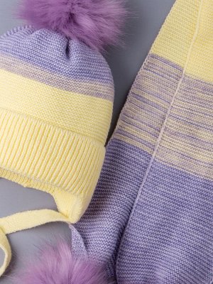 Шапка вязаная детская с помпоном на завязках, меланж + шарф с помпонами, желтый
