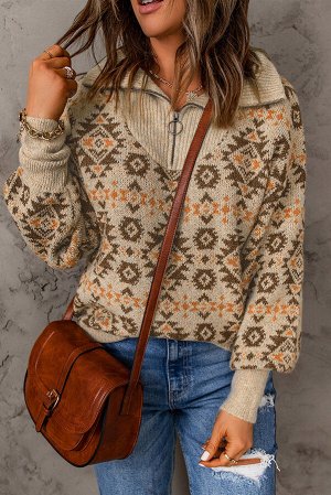 Бежевый свитер с Ацтекским этническим принтом и отложным воротником на молнии
