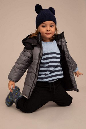 DEFACTO Водоотталкивающее длинное пальто с капюшоном и плюшевой подкладкой для маленьких мальчиков