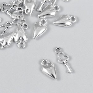 Декор для творчества металл "Сердце и ключик" серебро набор 12+12 шт 1,3х0,7 см 1,6х0,6 см