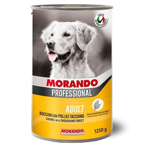 Конс. корм для собак "Morando Professional" 1250гр. кусочки в соусе с ИНДЕЙКОЙ и КУРИЦЕЙ.