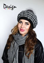 Вязаный комплект Карина(берет+шарф) с натуральным помпоном(черн./сер)