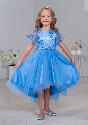 Платье из однотонной атласной ткани, комбинированное с верхним слоем  сетки, цвет голубой