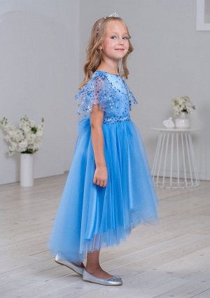 Платье из однотонной атласной ткани, комбинированное с верхним слоем  сетки, цвет голубой
