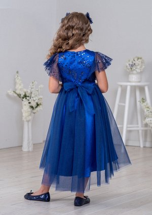Платье из однотонной атласной ткани, комбинированное с верхним слоем  сетки, цвет синий