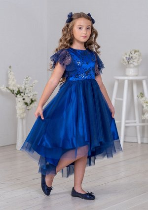 Платье из однотонной атласной ткани, комбинированное с верхним слоем  сетки, цвет синий