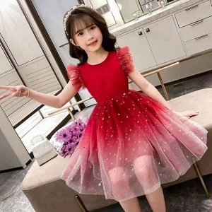 Платье детское, с коротким рукавом, принт "Звезды", цвет красный