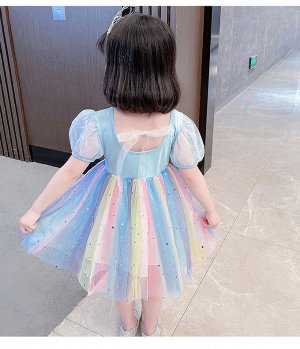 Платье детское, с коротким рукавом и разноцветной юбкой, принт "Эльза ("Холодное сердце")", цвет синий