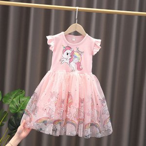 Платье детское, с коротким рукавом, принт "Единорог", цвет розовый