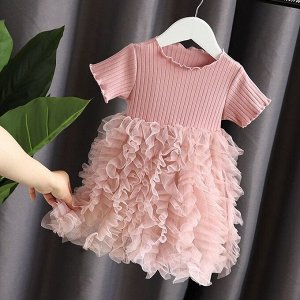 Платье детское, с коротким рукавом и юбкой-волной, цвет розовый