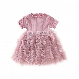 Платье детское, с коротким рукавом и юбкой-волной, цвет розовый
