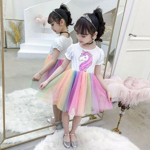 Платье детское, с разноцветной юбкой и короткими рукавами, принт "Единорог", цвет белый