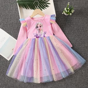 Платье детское, с длинным рукавом и разноцветной юбкой, принт "Эльза ("Холодное сердце")", цвет розовый
