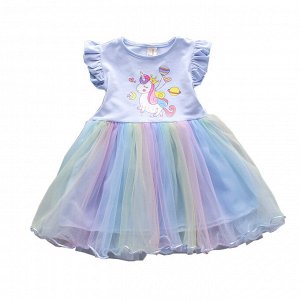 Платье детское, с коротким рукавом и цветной юбкой, принт "Единорог", цвет голубой