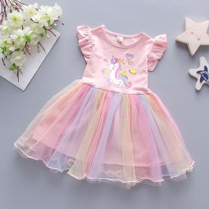 Платье детское, с коротким рукавом и цветной юбкой, принт "Единорог", цвет розовый