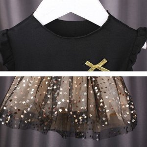 Платье детское, с коротким рукавом, принт на юбке "Звезды", цвет черный/золотой