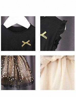 Платье детское, с коротким рукавом, принт на юбке "Звезды", цвет черный/золотой