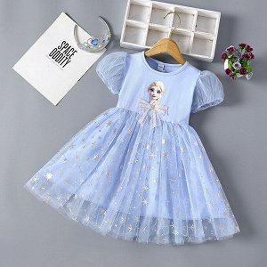 Платье детское, с коротким рукавом фонариком, принт "Эльза ("Холодное сердце")", цвет голубой