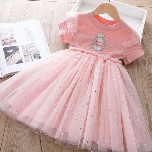 Платье детское, в рубчик, с коротким рукавом, принт "Эльза ("Холодное сердце")", цвет розовый