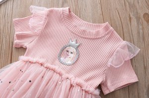 Платье детское, в рубчик, с коротким рукавом, принт "Эльза ("Холодное сердце")", цвет розовый